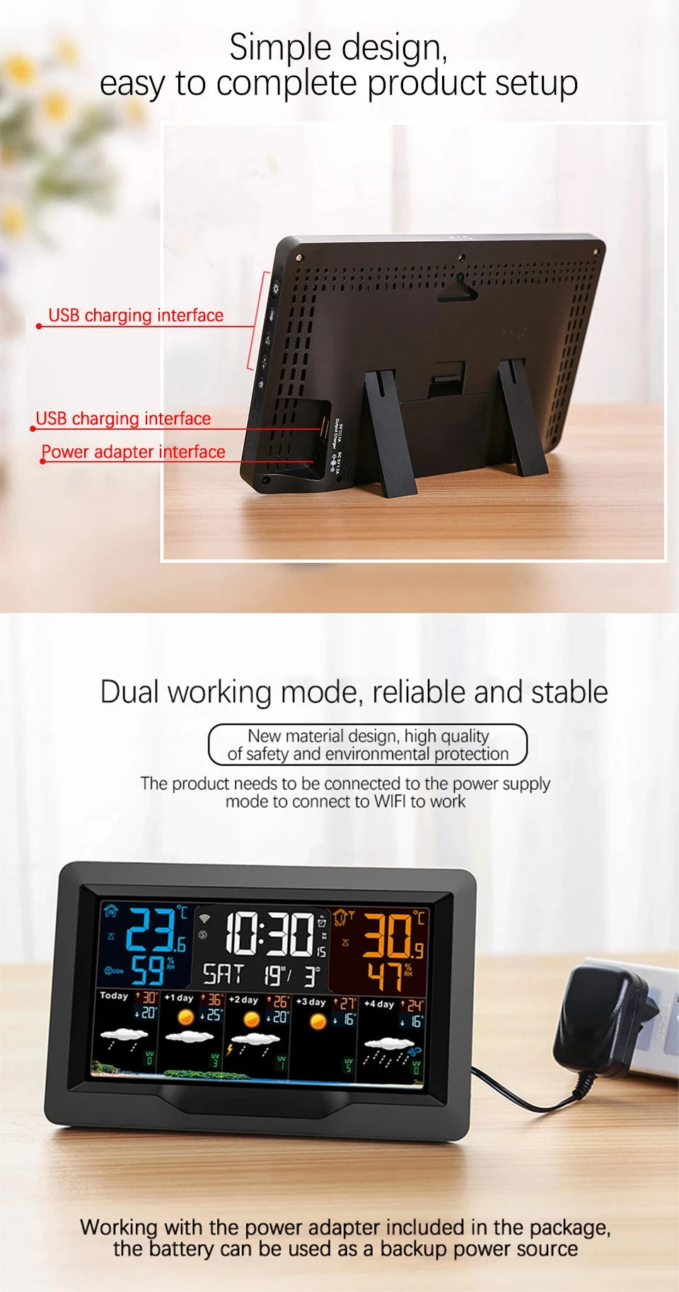 Smart WiFi Weather Station with Color Display – Indoor & Outdoor Climate Monitor