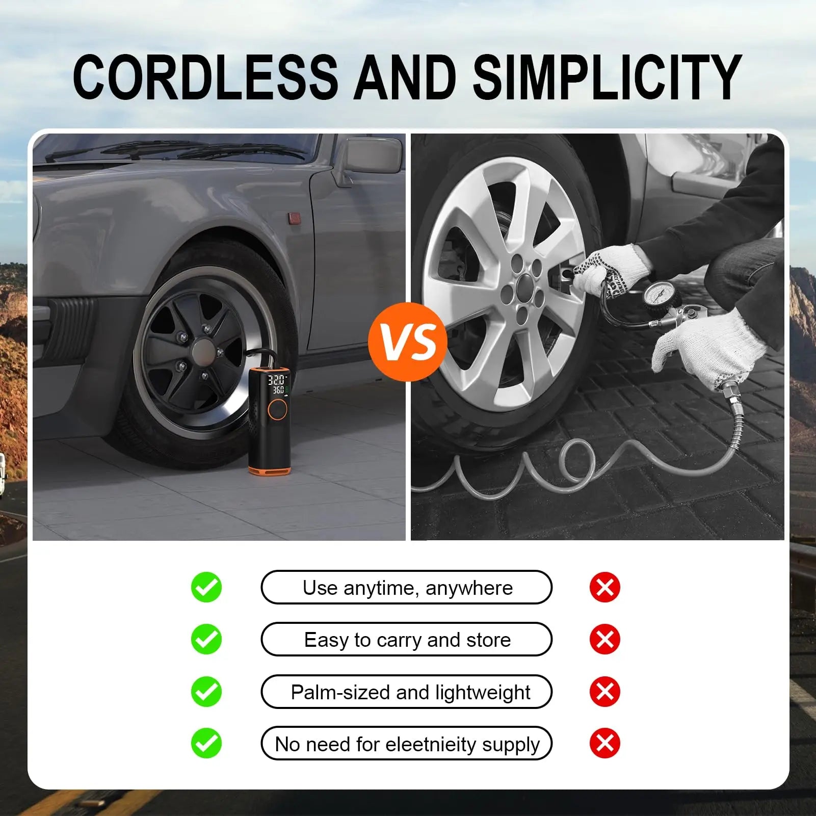 160 PSI nešiojamas padangų pripūtimo oro kompresorius su padangų slėgio matuokliu automobilių, dviračių, motociklų padangoms, kamuoliams ir kt.