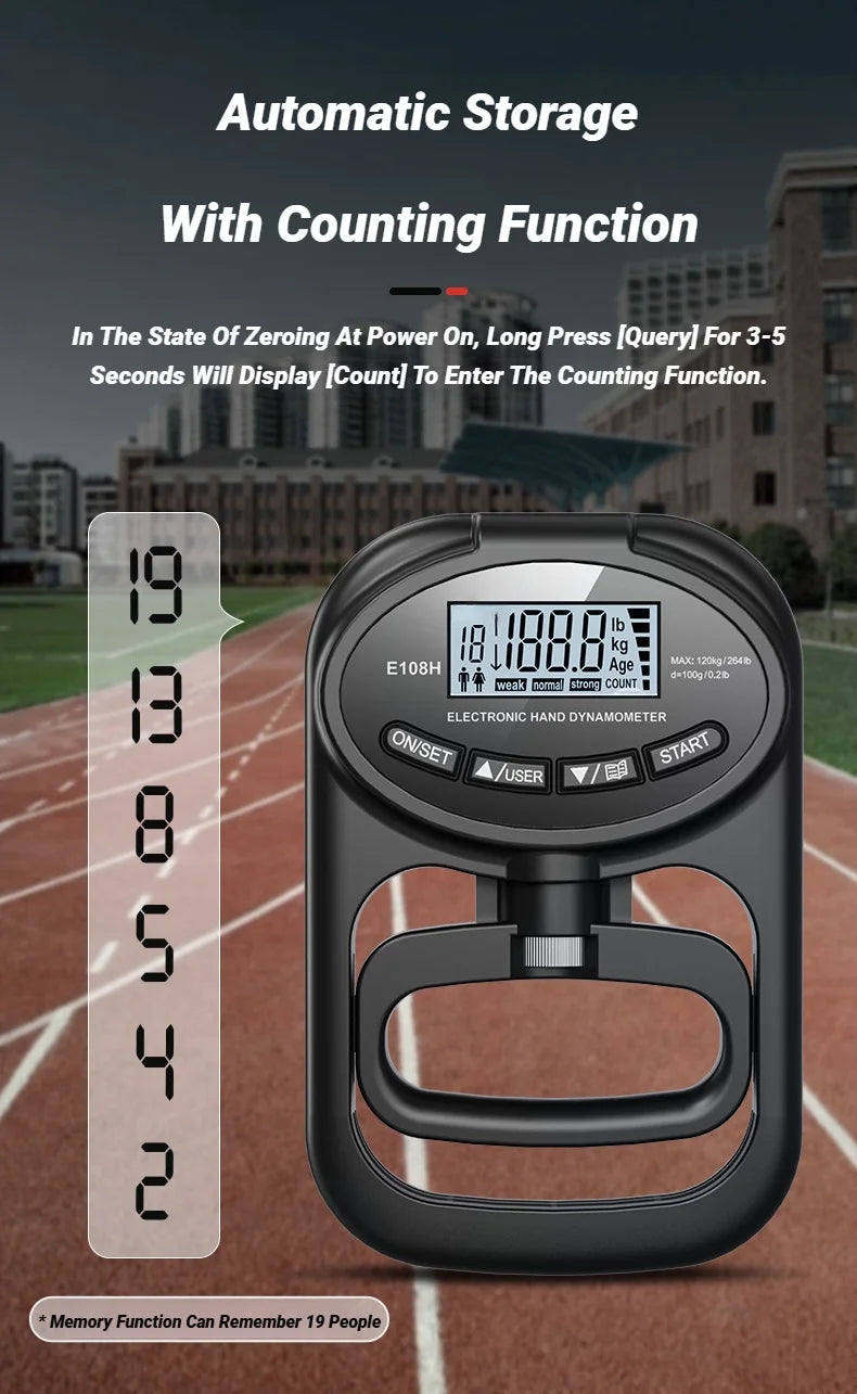 Измеритель силы хвата с ЖК-экраном 265 фунтов/120 кг для мужчин и женщин, цифровой ручной динамометр для тренировок, перезаряжаемый, двойного назначения.