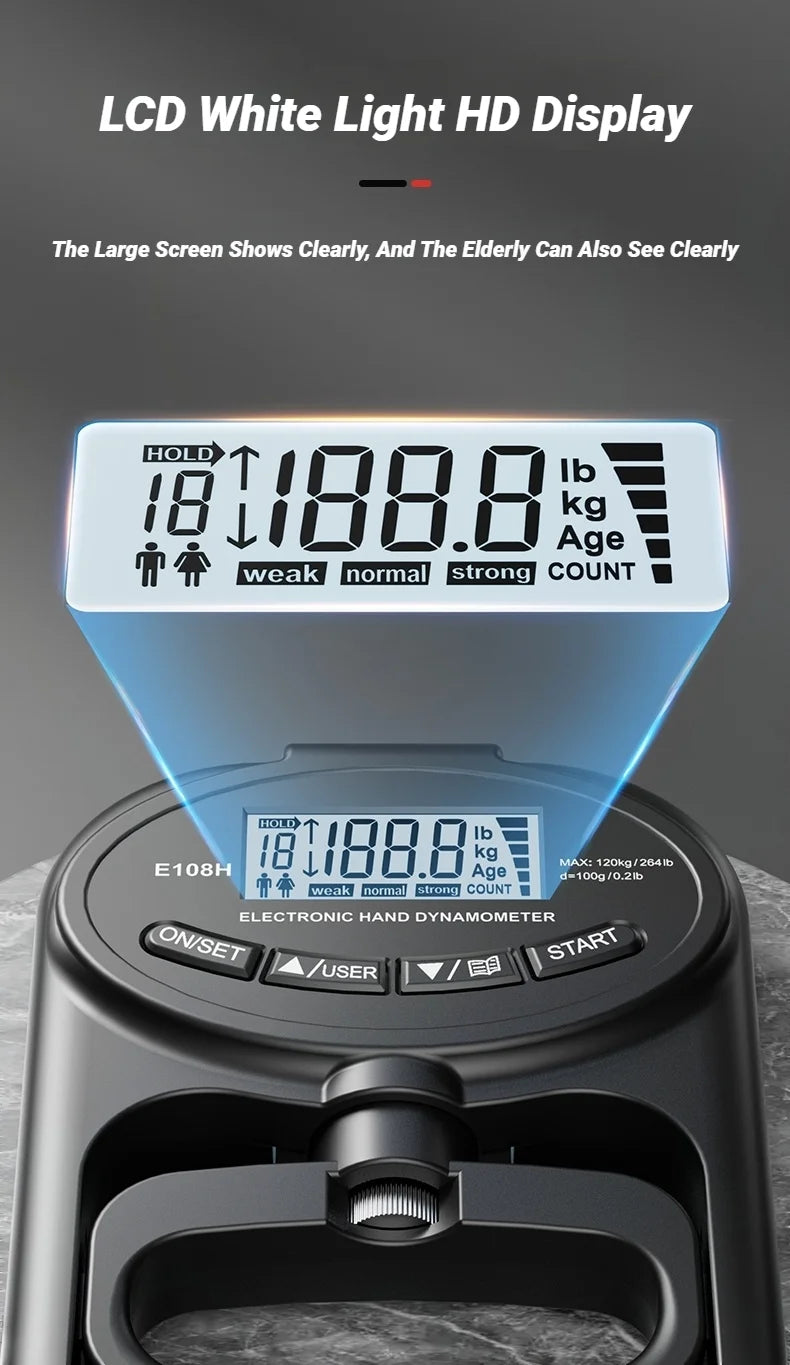 Измеритель силы хвата с ЖК-экраном 265 фунтов/120 кг для мужчин и женщин, цифровой ручной динамометр для тренировок, перезаряжаемый, двойного назначения.