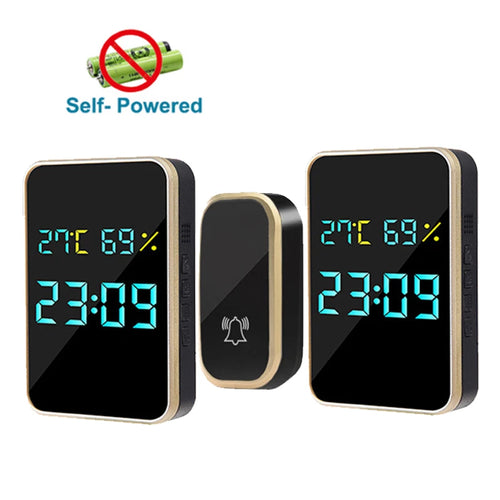 Belaidis durų skambutis be baterijos, autonominis, durų skambutis, ekranas, temperatūra, drėgmė, laikas, 433 MHz, namų ir lauko pasveikinimo skambutis